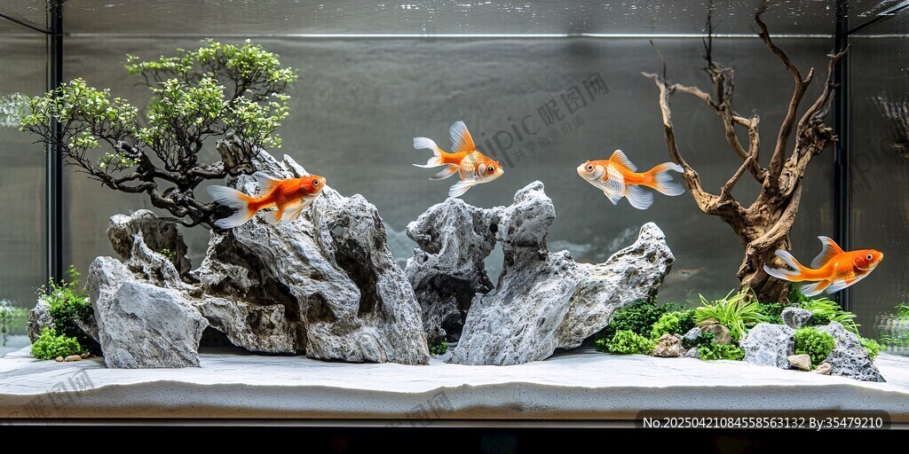 金鱼悠游于石景水族箱中