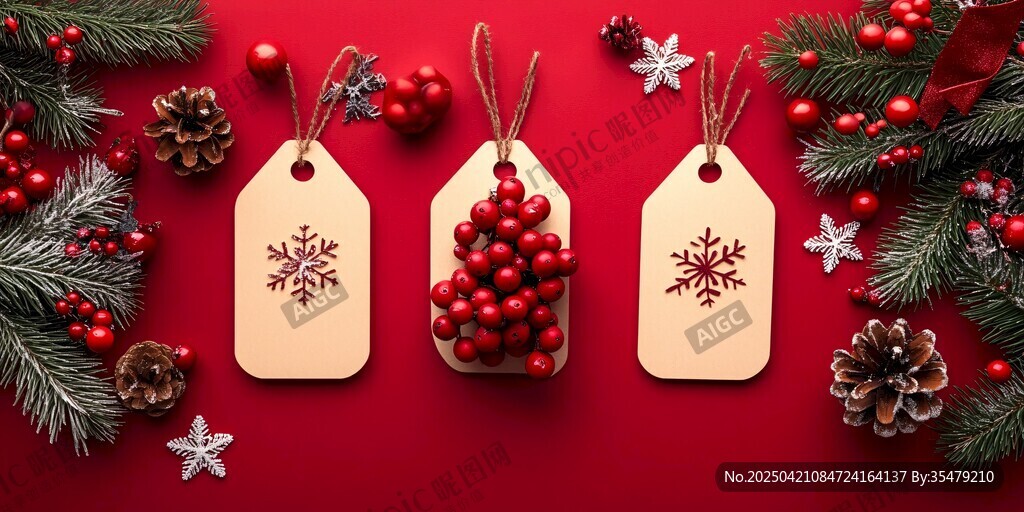 圣诞装饰木质标签与浆果