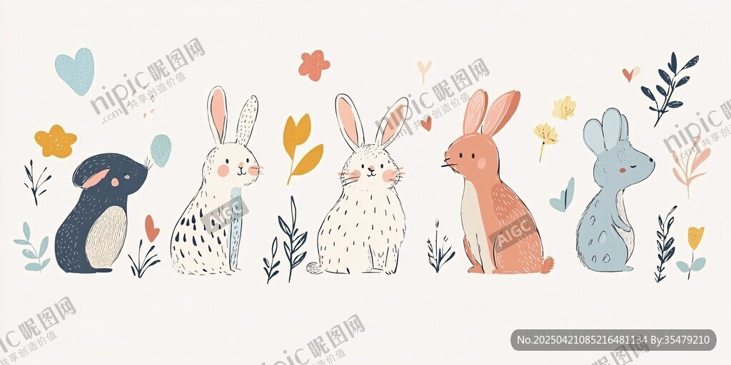 可爱兔子与花草插画