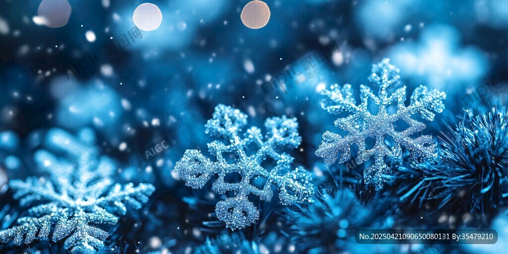 梦幻蓝调雪花与松枝美景