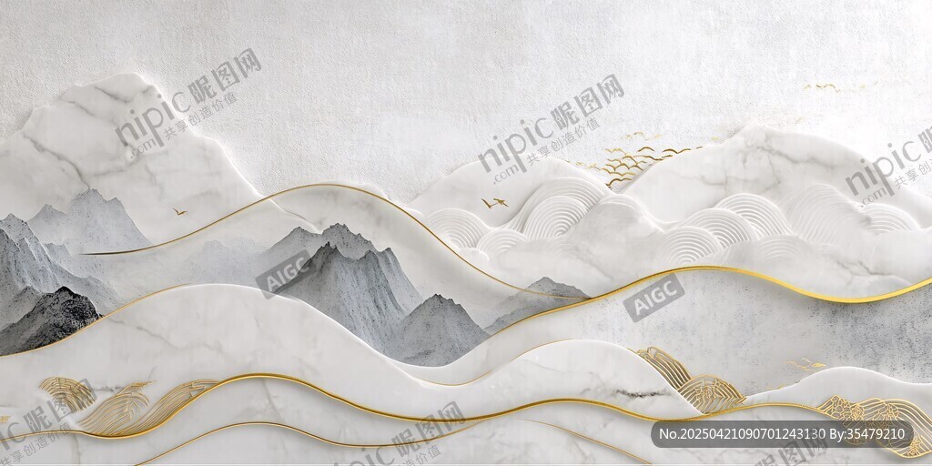 水墨山水金纹中式背景墙