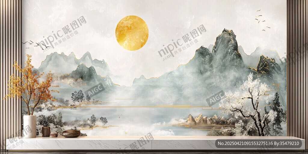 中式山水壁画 意境悠远