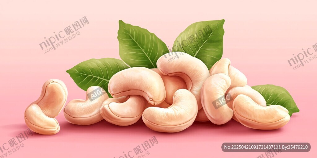 粉色背景上的新鲜腰果