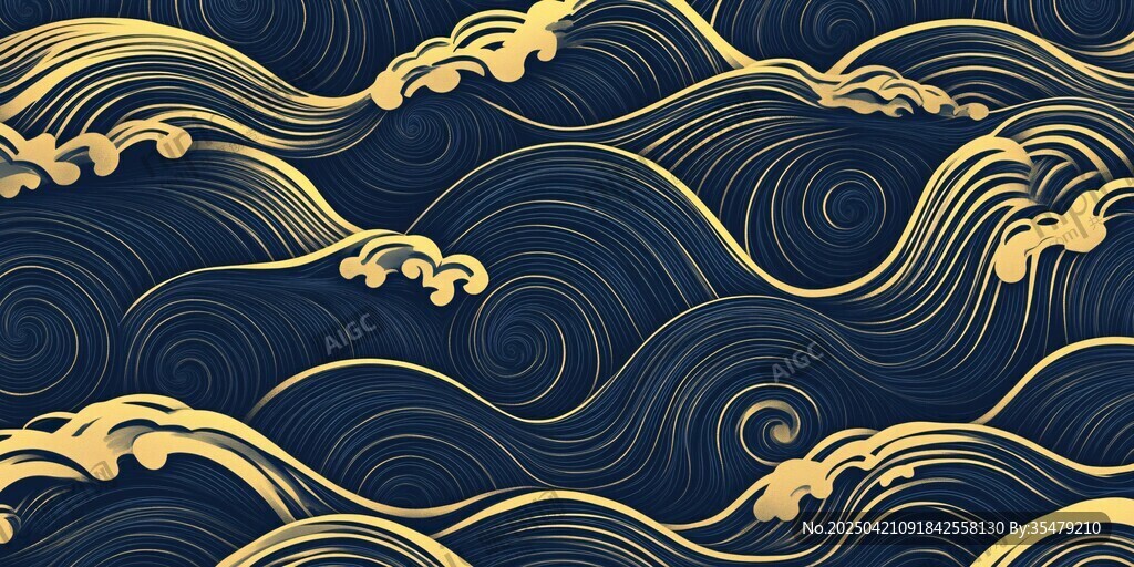 中式金蓝海浪纹背景图案