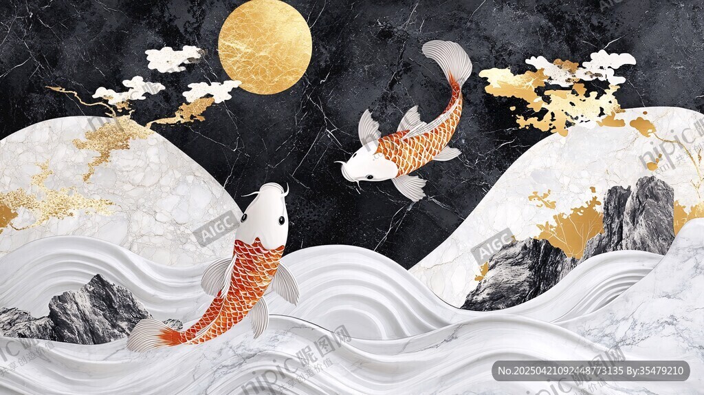 金鲤跃浪伴月中式图景