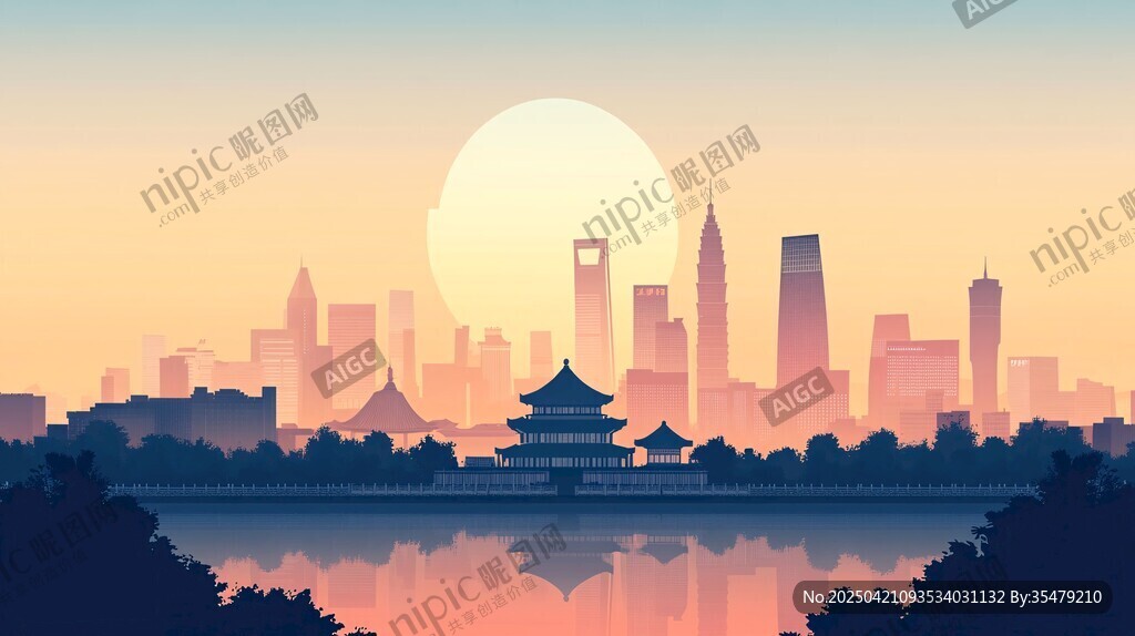 城市与古建筑的黄昏美景