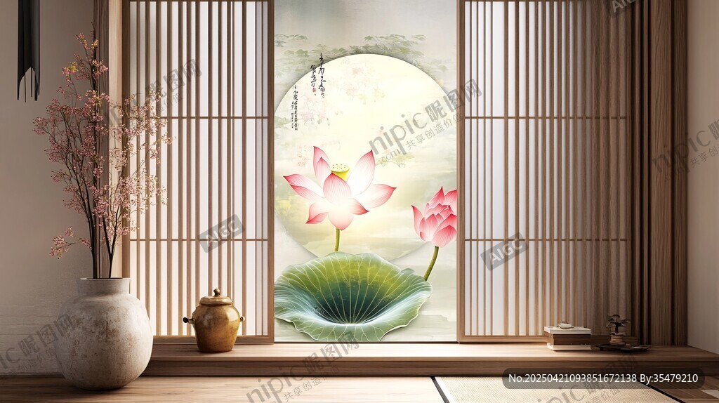 中式窗景下的雅致荷花景致