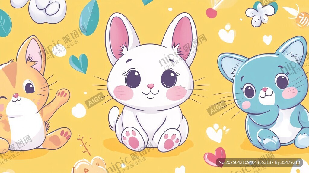 可爱萌宠猫咪兔子插画