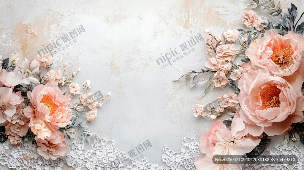 浪漫粉色花卉蕾丝背景图