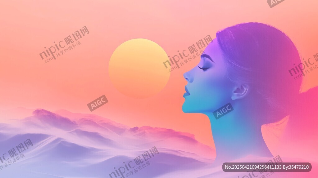 梦幻夕阳下的静谧女性侧影