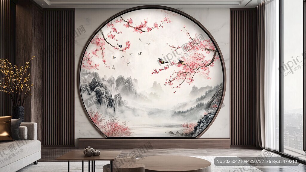 中式客厅的圆形山水花鸟壁画