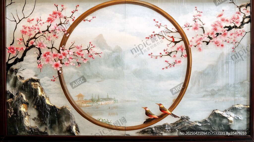 中式花鸟山水圆窗装饰画