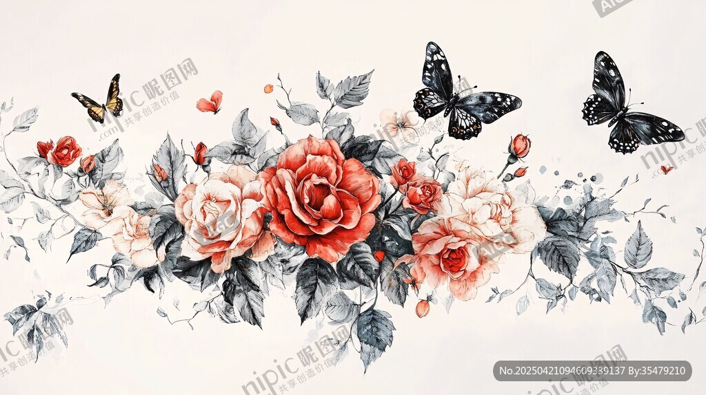 玫瑰蝴蝶绘就浪漫花卉图