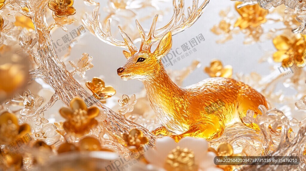 晶莹金鹿栖于繁花玉树间