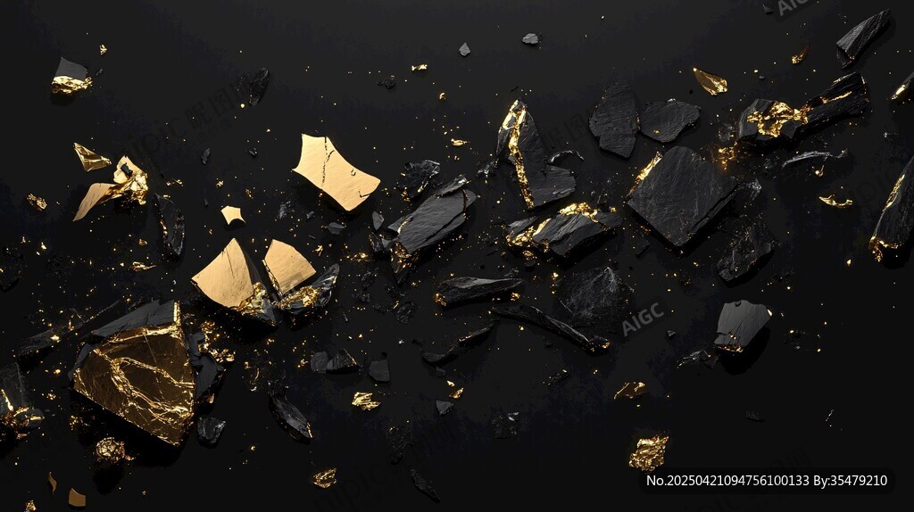 黑金碎块洒落的质感画面