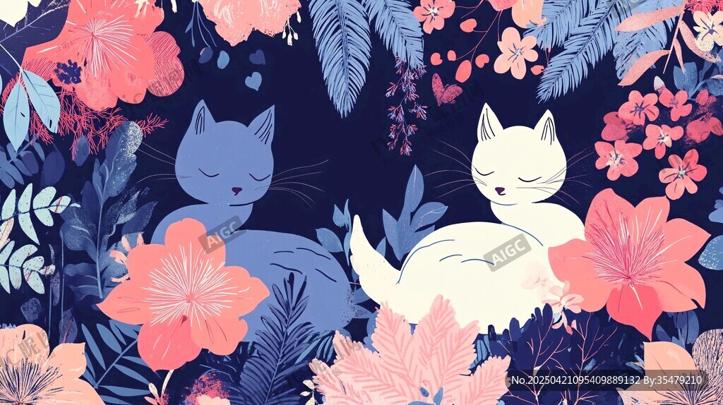 猫咪在花丛中的梦幻图景