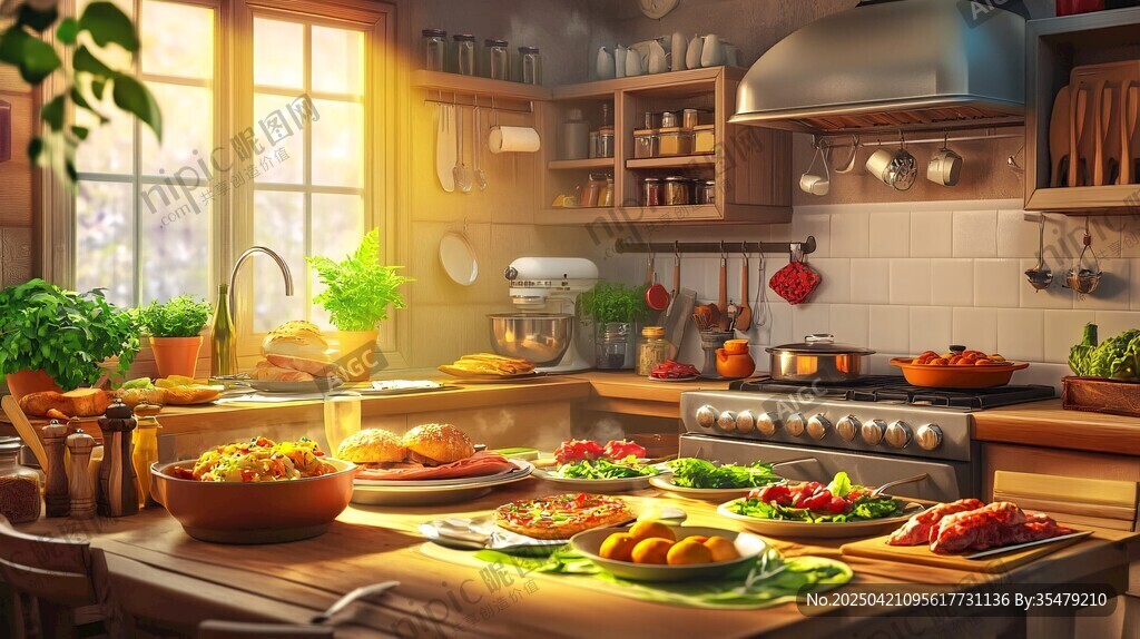 温馨厨房的丰盛美食场景