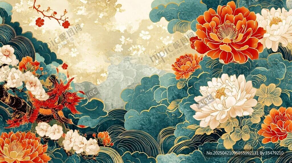 国潮花卉锦鲤山水插画