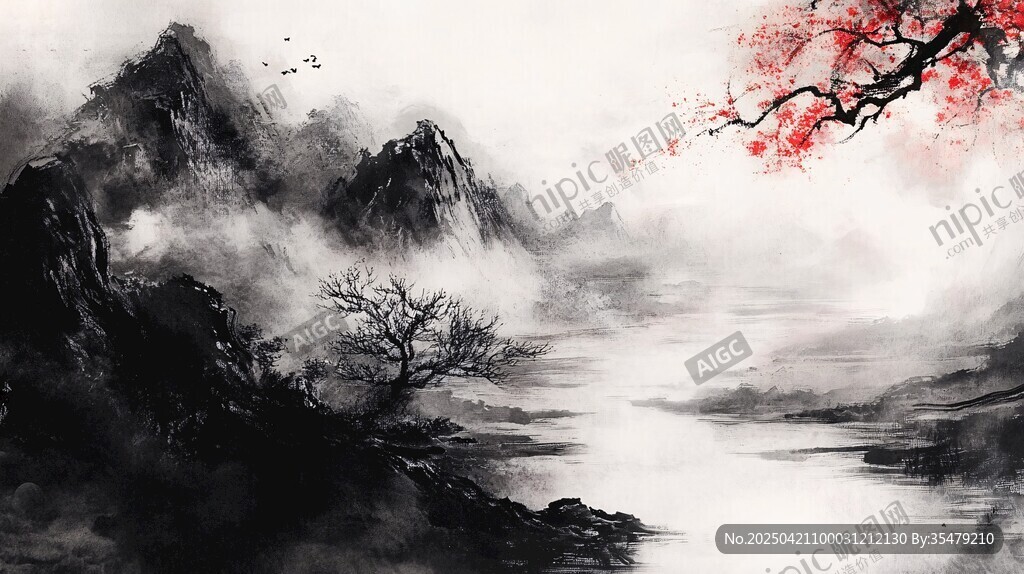 水墨山水间 红梅添诗意