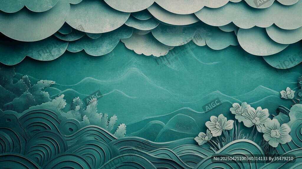 中式纸艺山水花卉背景图