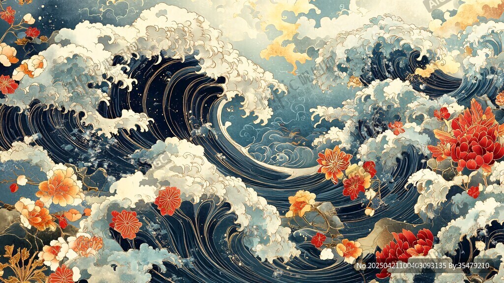 海浪繁花共舞的奇幻图景