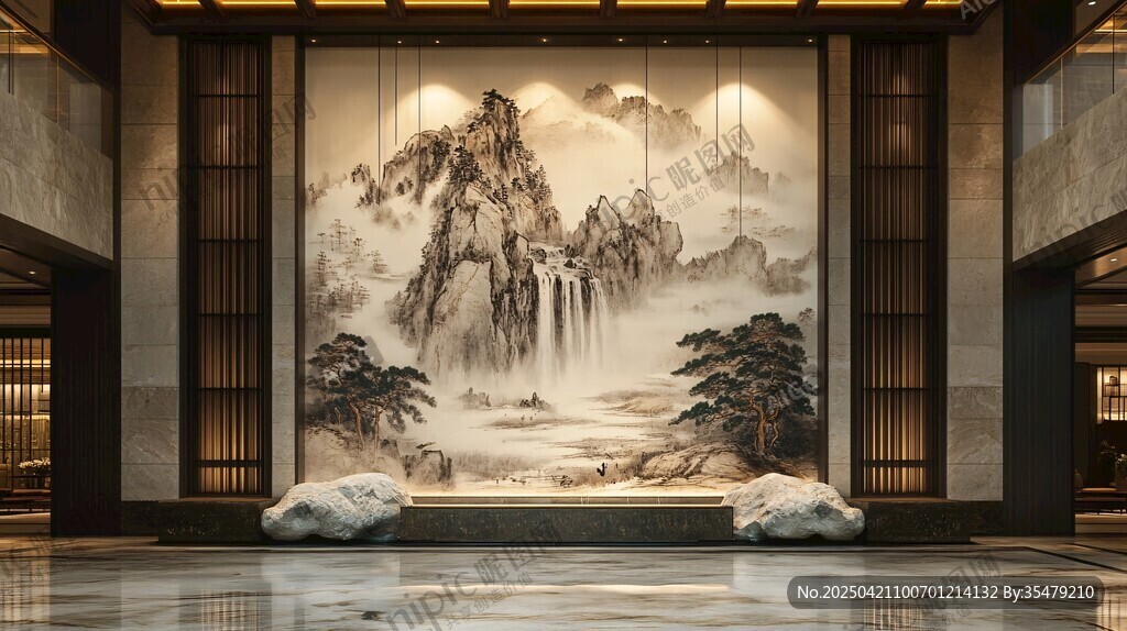 中式山水壁画大堂景观