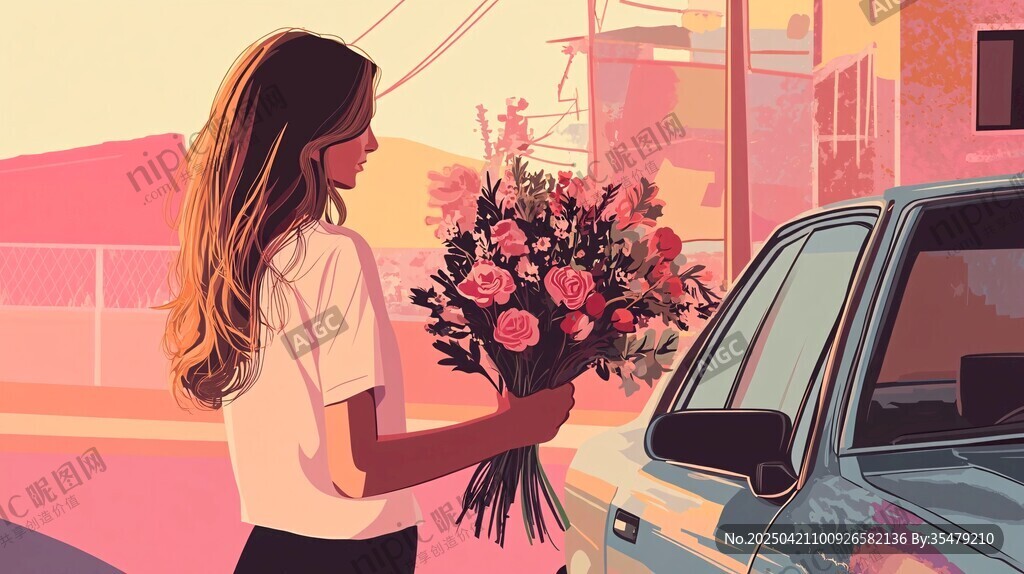 女孩手持花束站在车旁