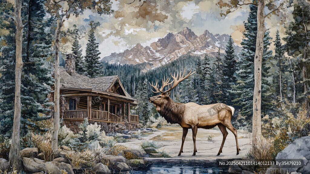林间小屋旁的雄鹿