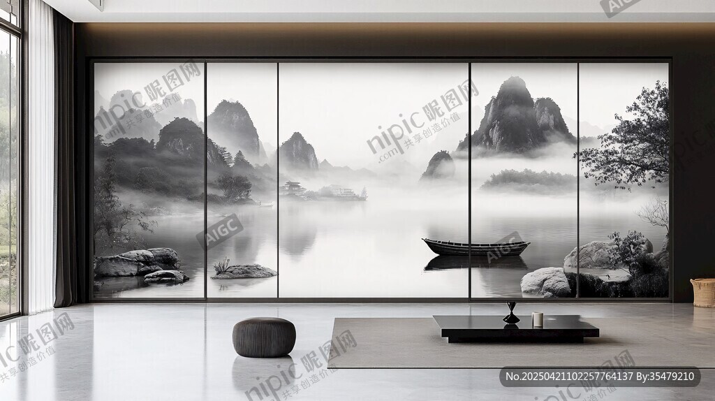 中式山水屏风现代客厅景
