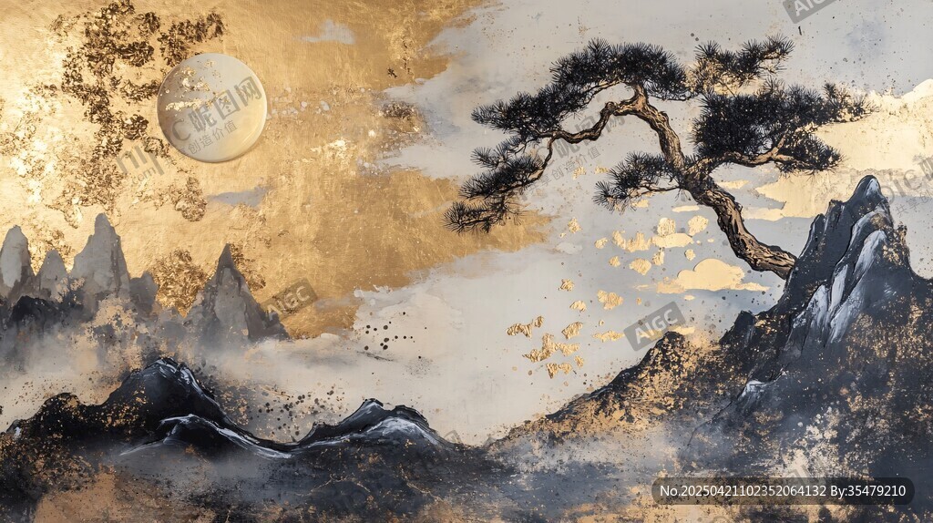 水墨山水间的孤松与明月