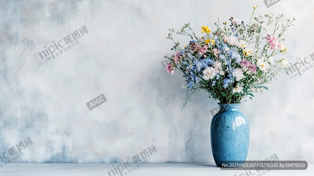 蓝色花瓶中的缤纷野花