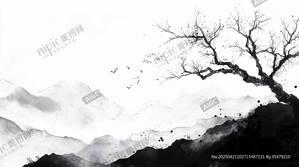 水墨孤树远山意境图