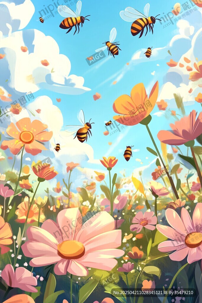 蜜蜂在花海中飞舞的美景