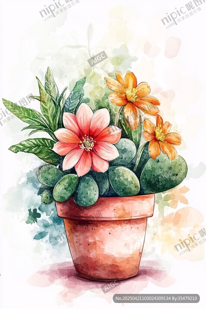 水彩风花盆中的多彩花卉