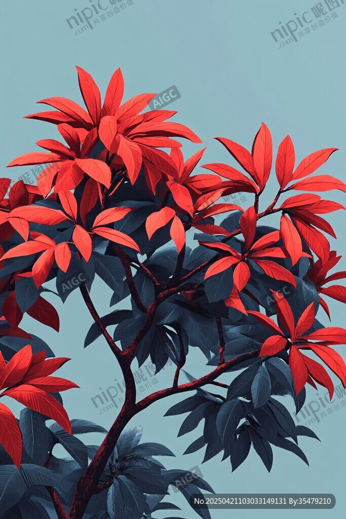 艳丽红树叶插画特写