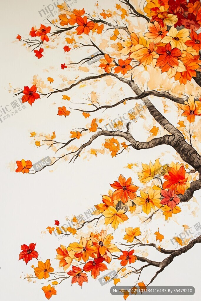 秋日繁花树枝艺术画作