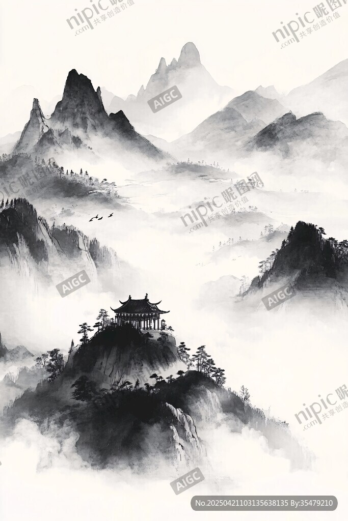 水墨山水间的古韵楼阁