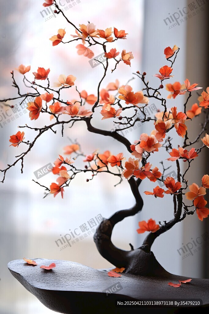 橙花虬枝盆景雅致风情