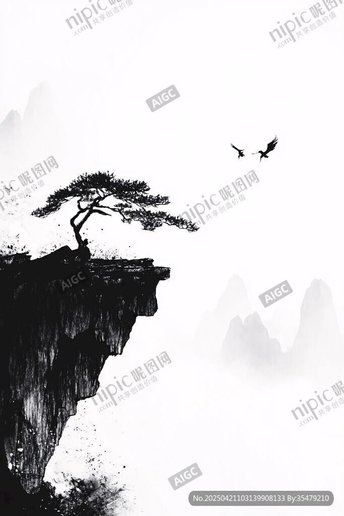 悬崖孤松飞鸟水墨意境图