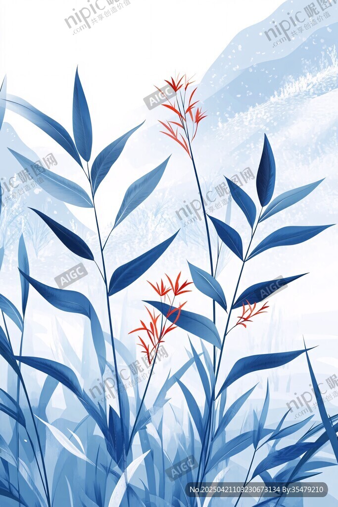 蓝叶红蕊的唯美植物插画