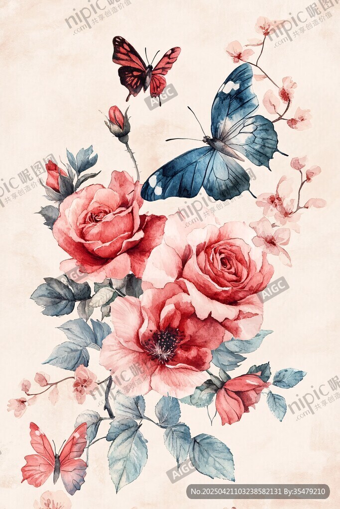 花卉与蝴蝶的梦幻水彩画