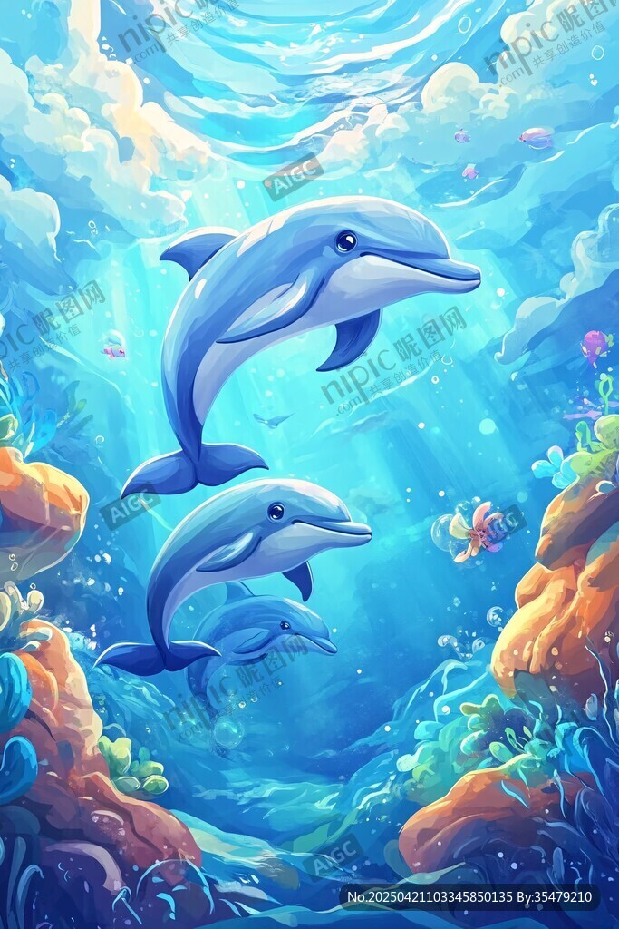梦幻海底的海豚畅游图景