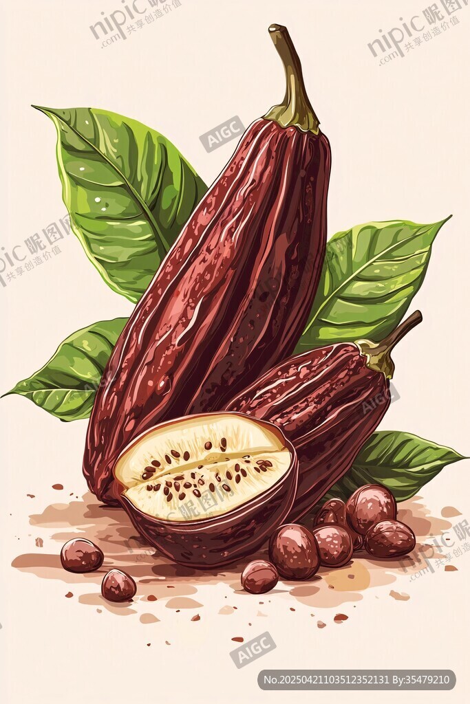 可可豆荚与果实的水彩画