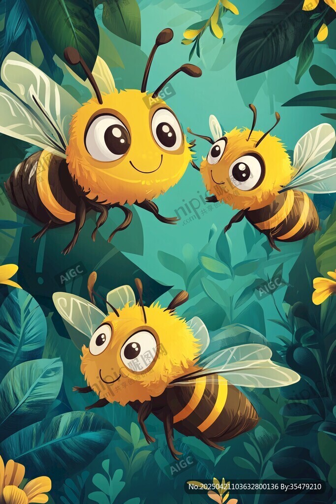 三只可爱蜜蜂在绿植间