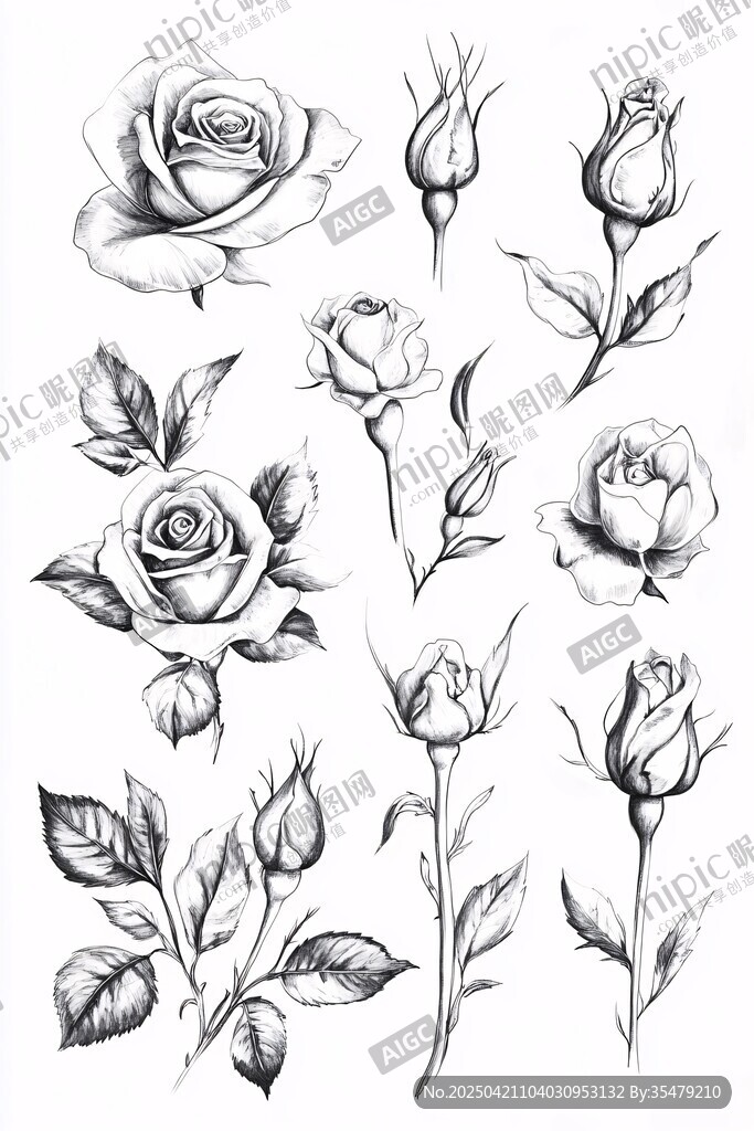 手绘玫瑰花素描图案集合