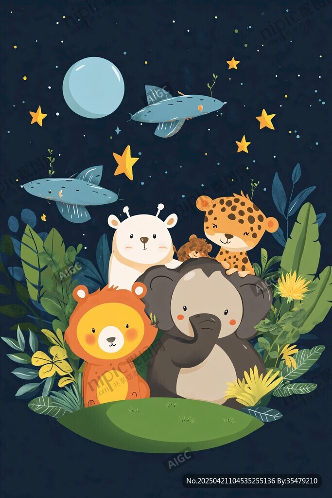 夜晚丛林中的可爱动物们