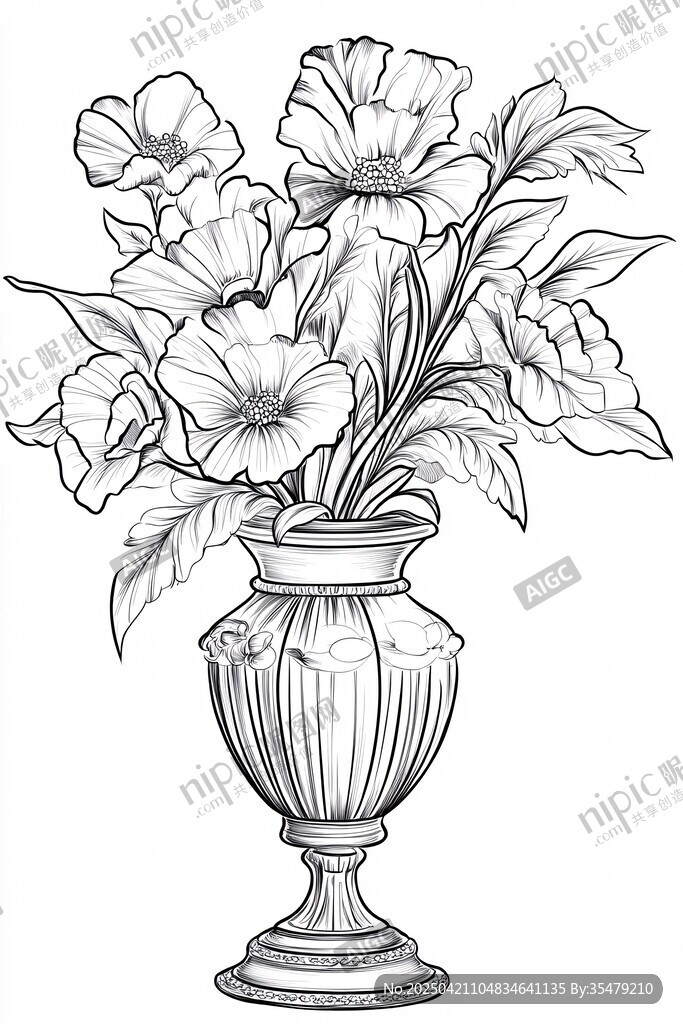 花瓶插花黑白线稿图