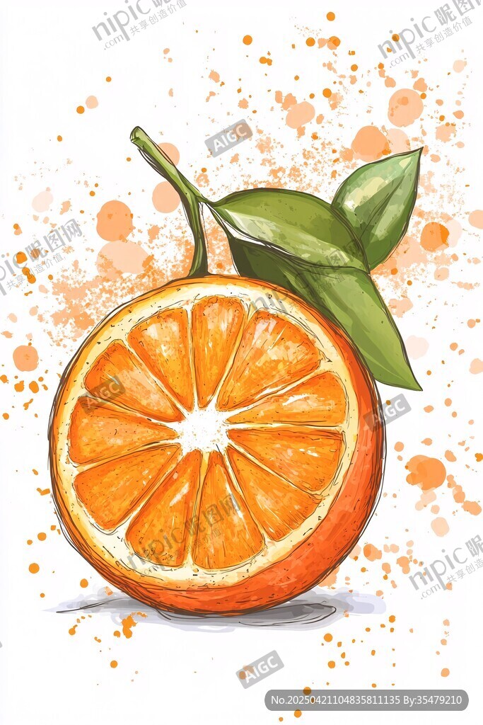 水彩绘鲜橙 清新水果插画