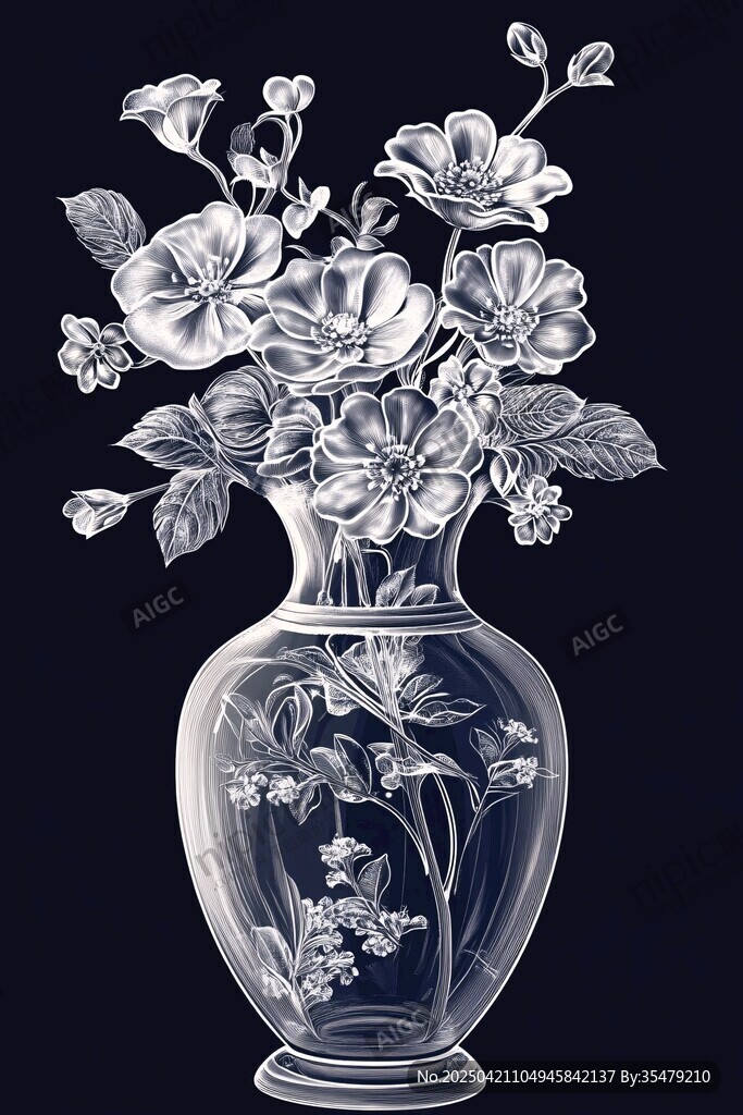 透明花瓶中的花卉插画
