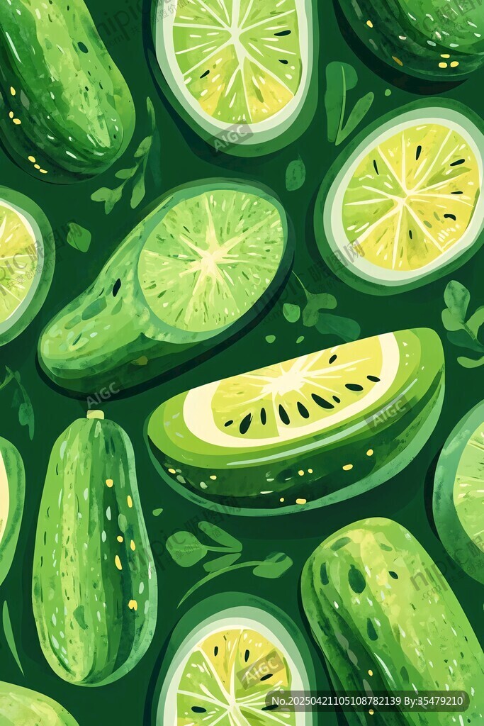 清新黄瓜柠檬插画图案